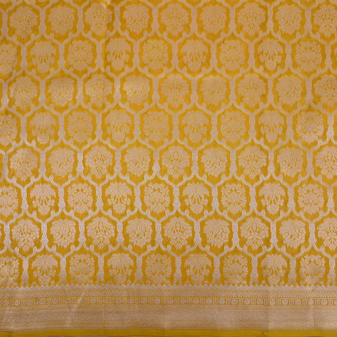 Gold Yellow Jamawar Silk Fabric With Floral Pattern