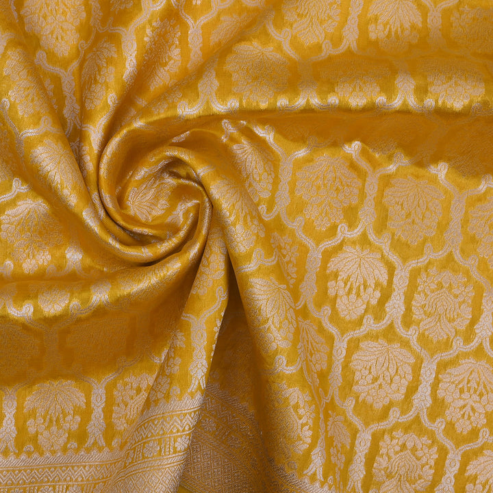 Gold Yellow Jamawar Silk Fabric With Floral Pattern