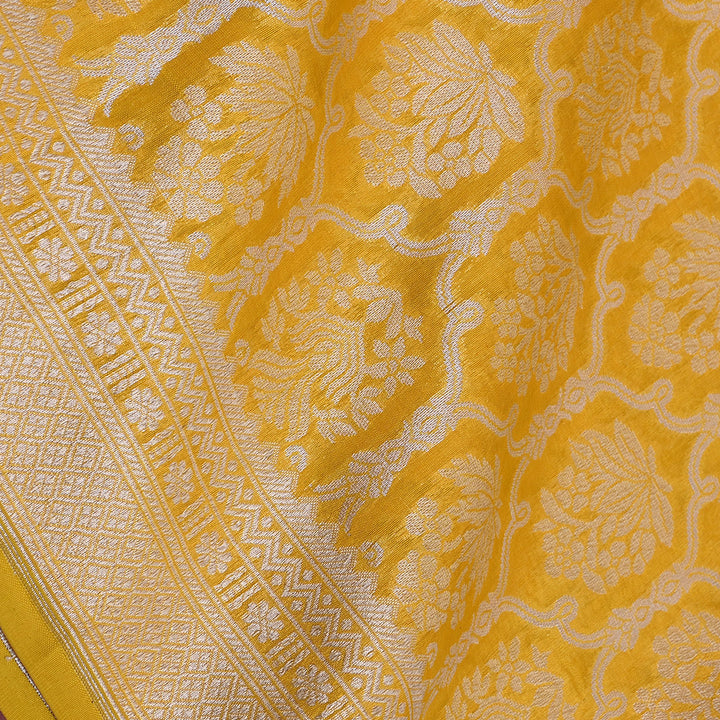 Gold Yellow Jamawar Silk Fabric With Floral Pattern