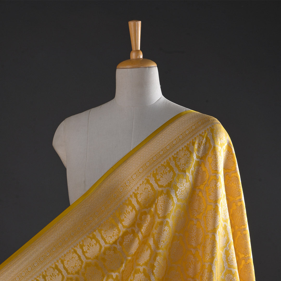 Gold Yellow Jamawar Silk Fabric With Floral Pattern