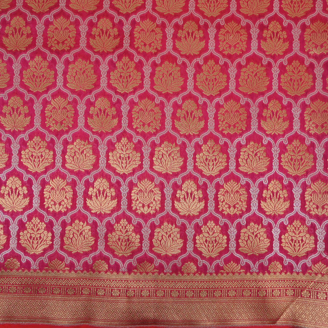 Bright Pink Floral Jamawar Silk Fabric