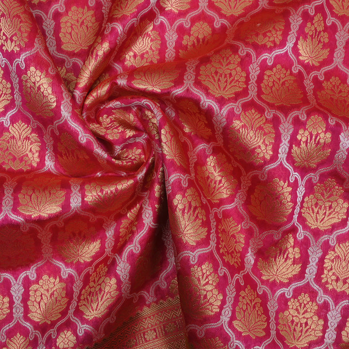 Bright Pink Floral Jamawar Silk Fabric