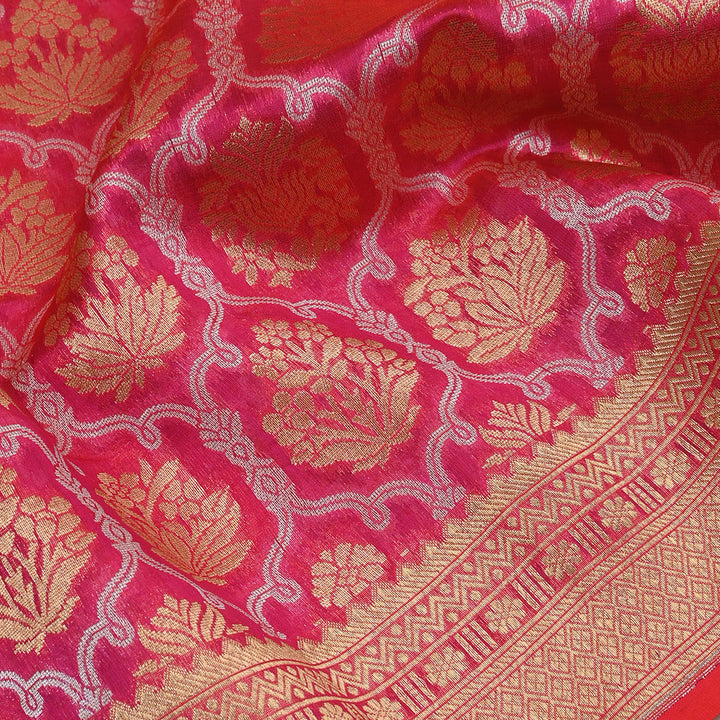 Bright Pink Floral Jamawar Silk Fabric