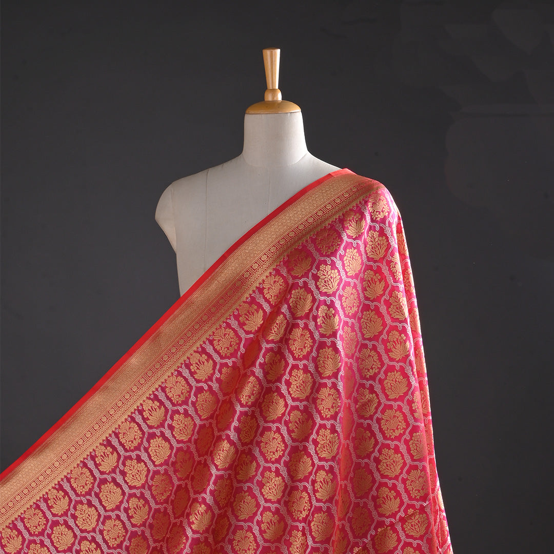 Bright Pink Floral Jamawar Silk Fabric