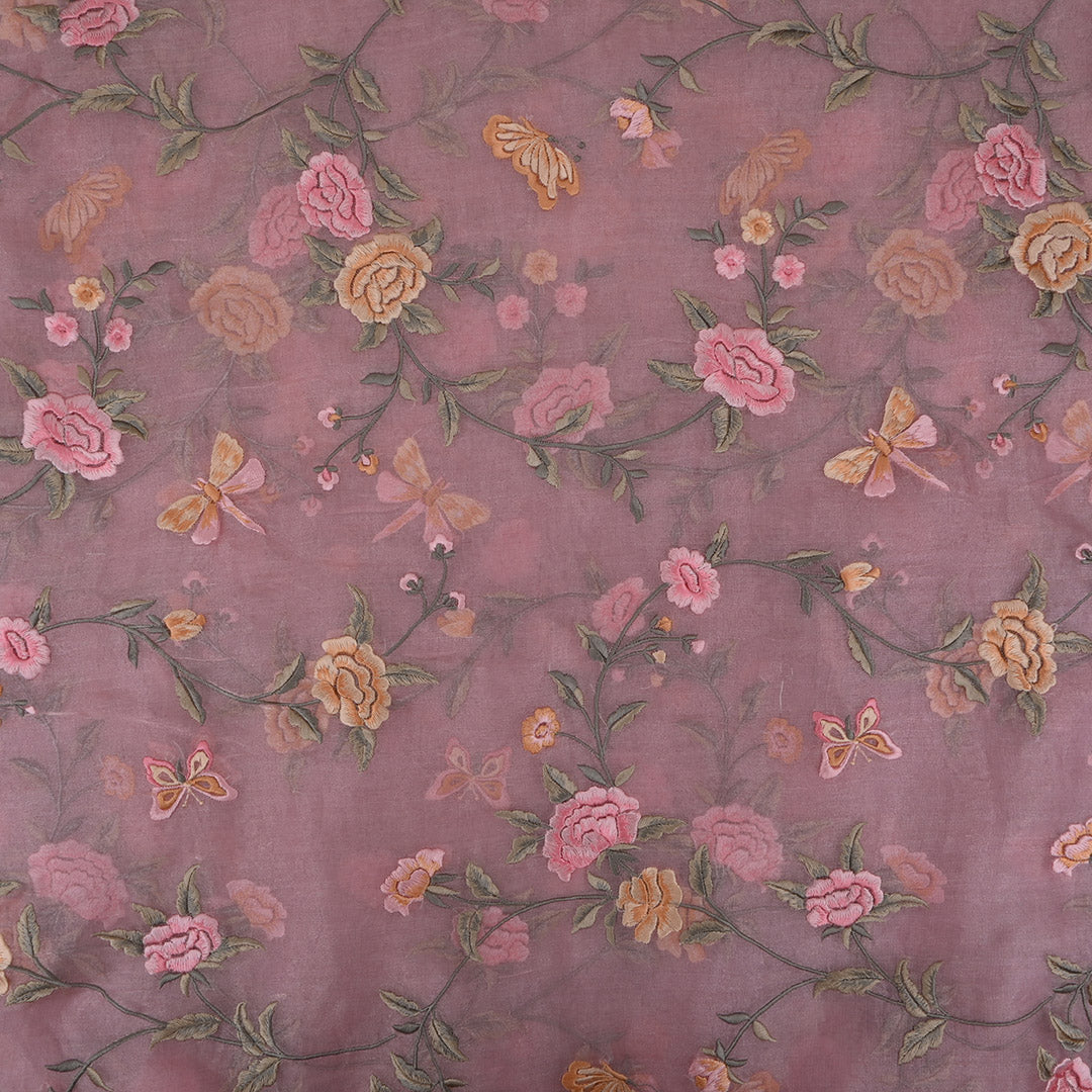 Pastel Pink Floral Embroidery Tissue Fabric