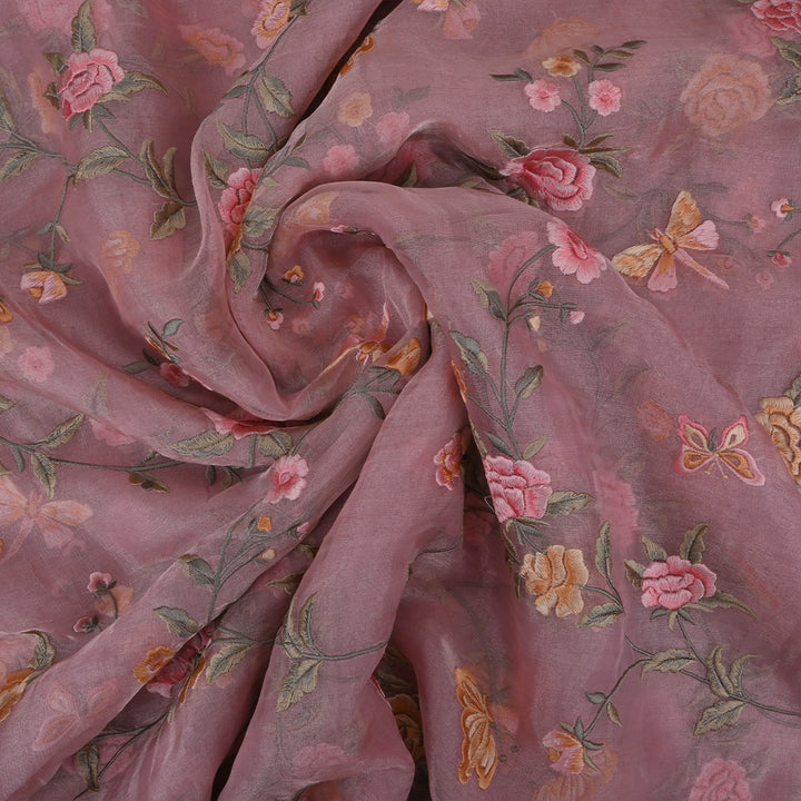 Pastel Pink Floral Embroidery Tissue Fabric