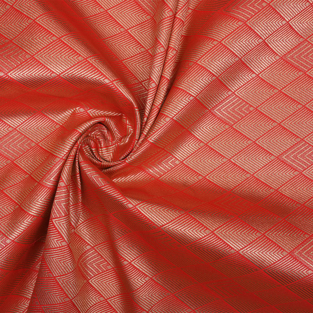 Red Orange Banarasi Fabric With Geometrical Weave