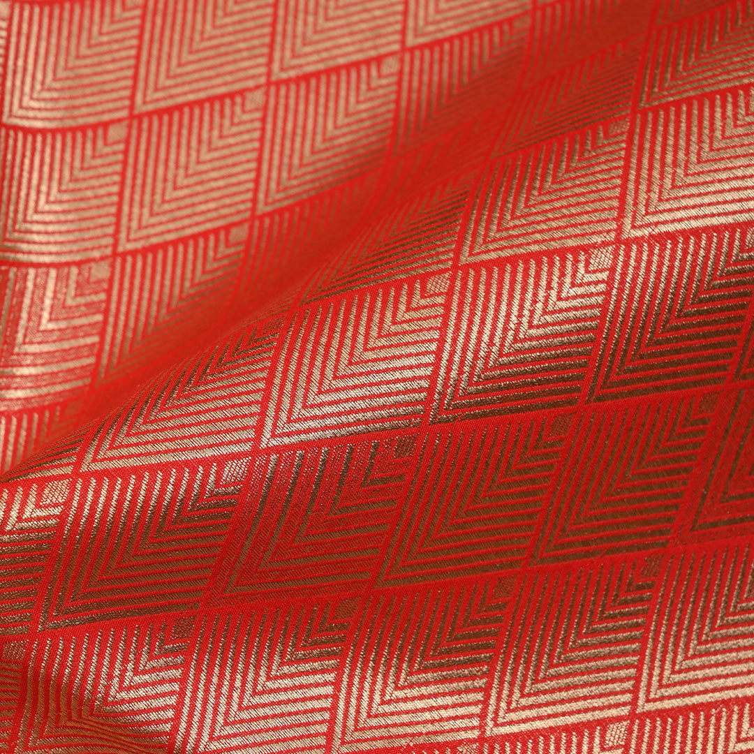 Red Orange Banarasi Fabric With Geometrical Weave