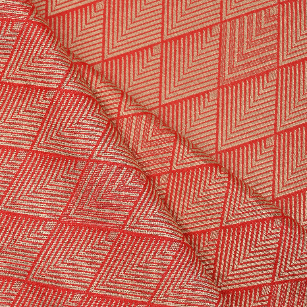 Red Orange Banarasi Fabric With Geometrical Weave