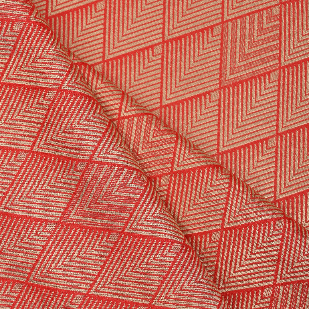 Red Orange Banarasi Fabric With Geometric Weave