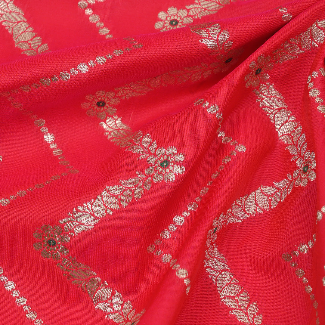 Husker Red Meenakari Banarasi Fabric With Chevron Pattern