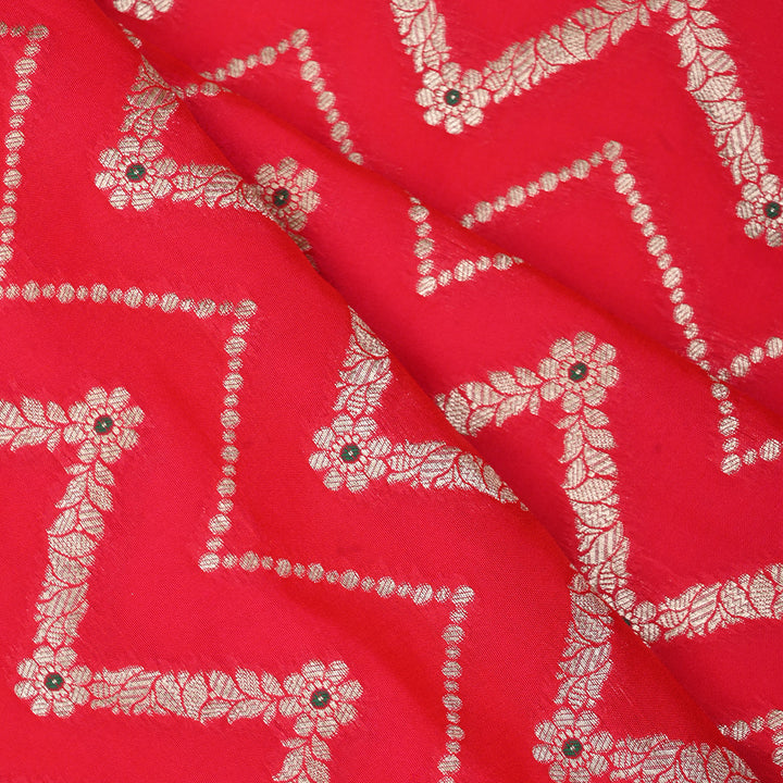 Husker Red Meenakari Banarasi Fabric With Chevron Pattern