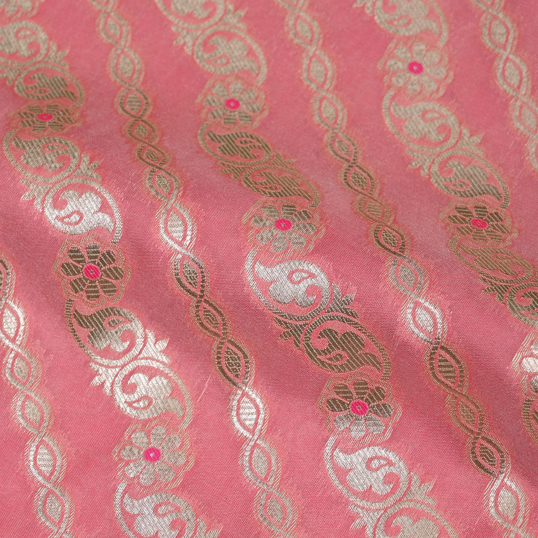 Flamingo Pink Floral Meenakari Banarasi Fabric