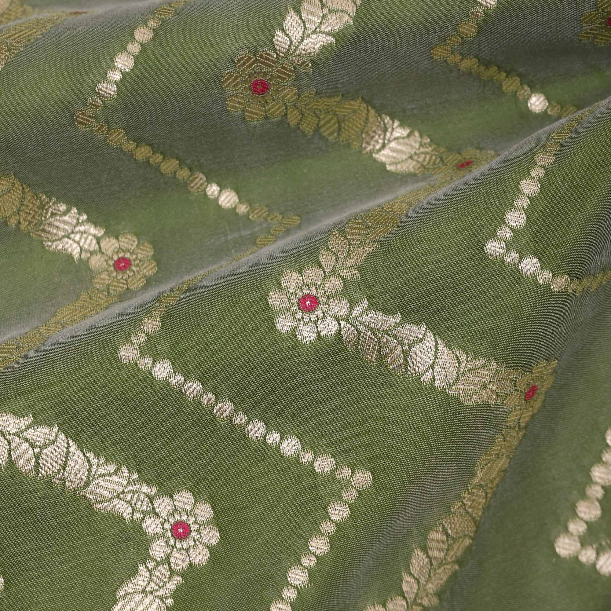 Olive Green Meenakari Banarasi Fabric With Chevron Pattern