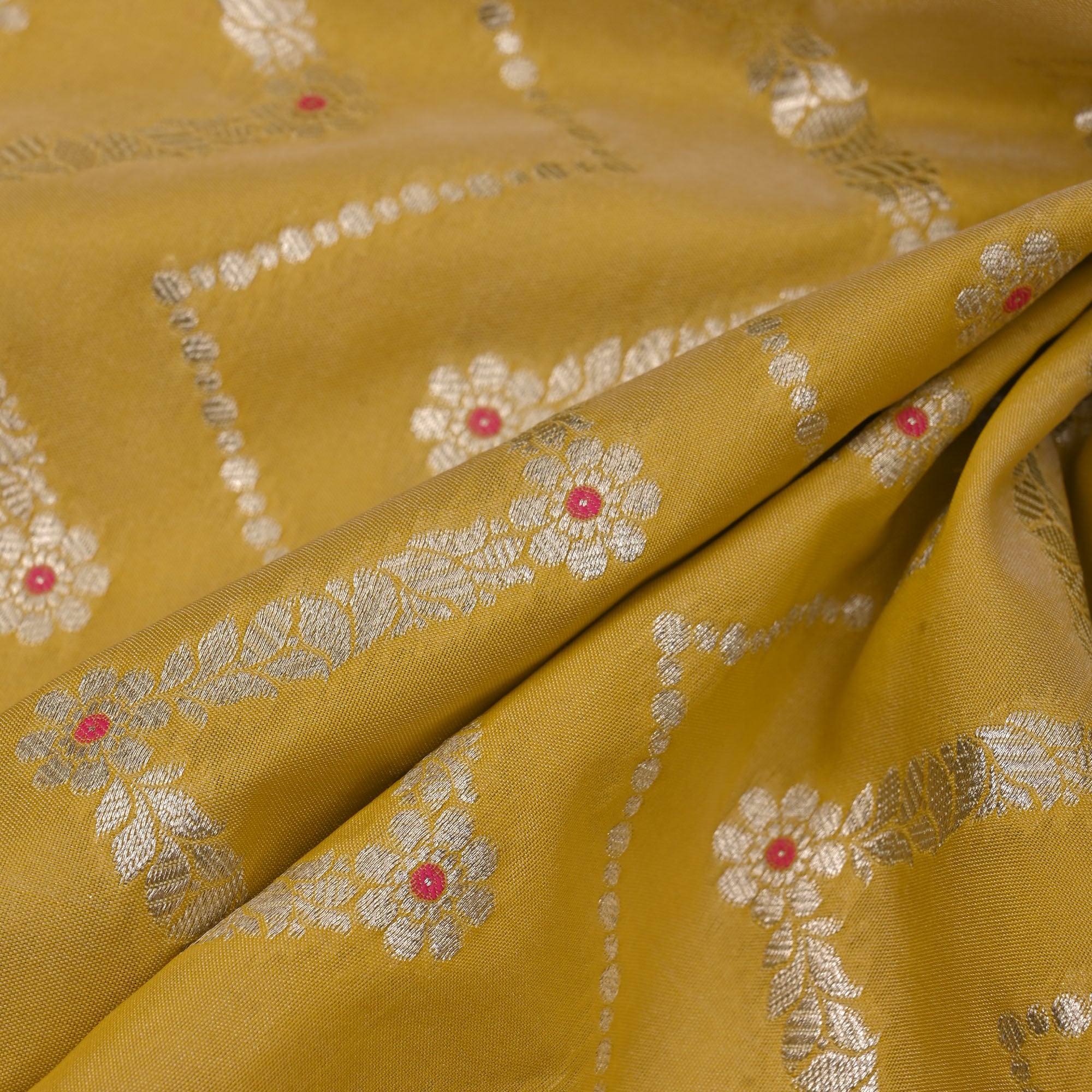 Sulphur Green Meenakari Banarasi Fabric With Chevron Pattern