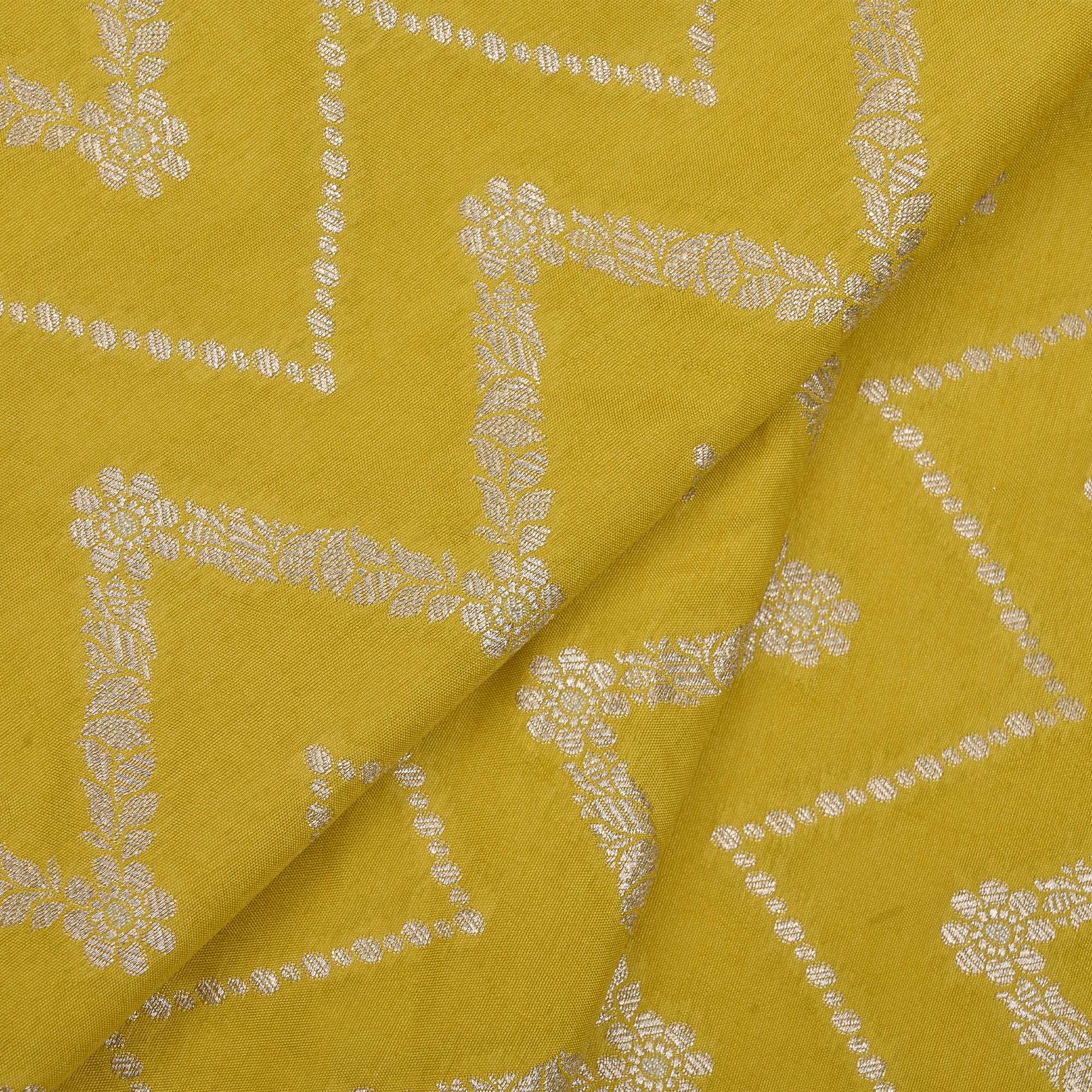 Yellow Green Banarasi Fabric With Chevron Pattern