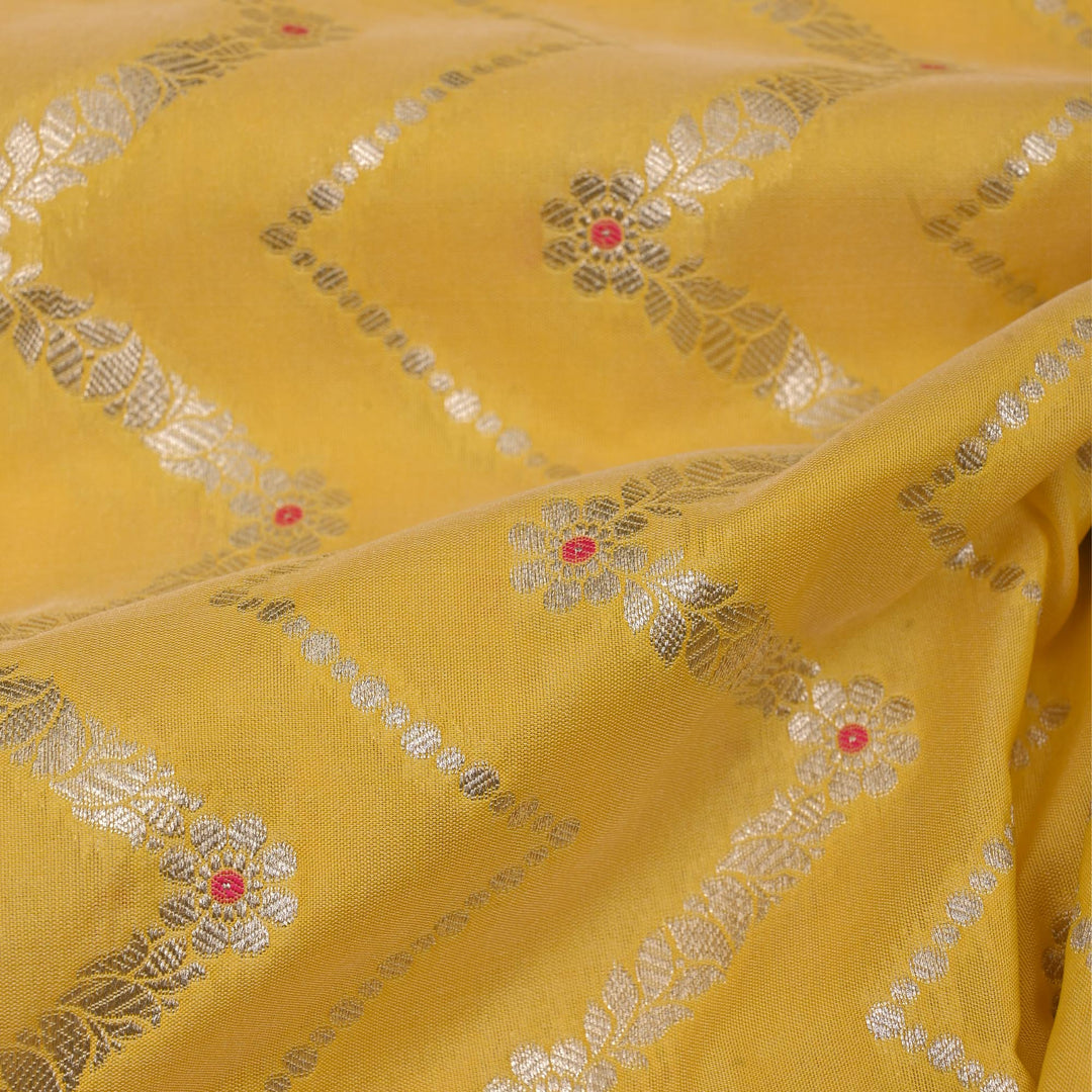 Sunflower Yellow Meenakari Banarasi Fabric With Chevron Pattern