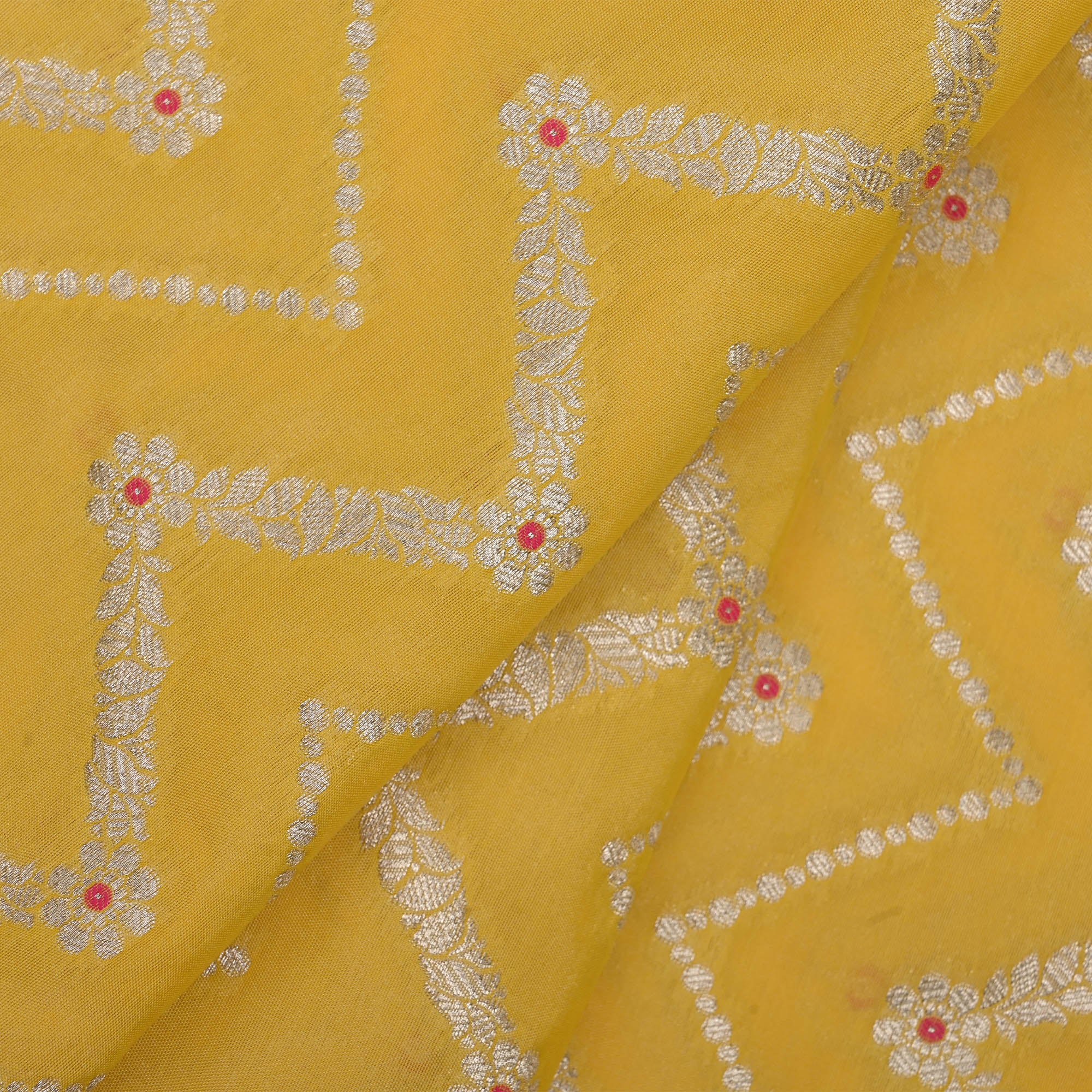 Sunflower Yellow Meenakari Banarasi Fabric With Chevron Pattern