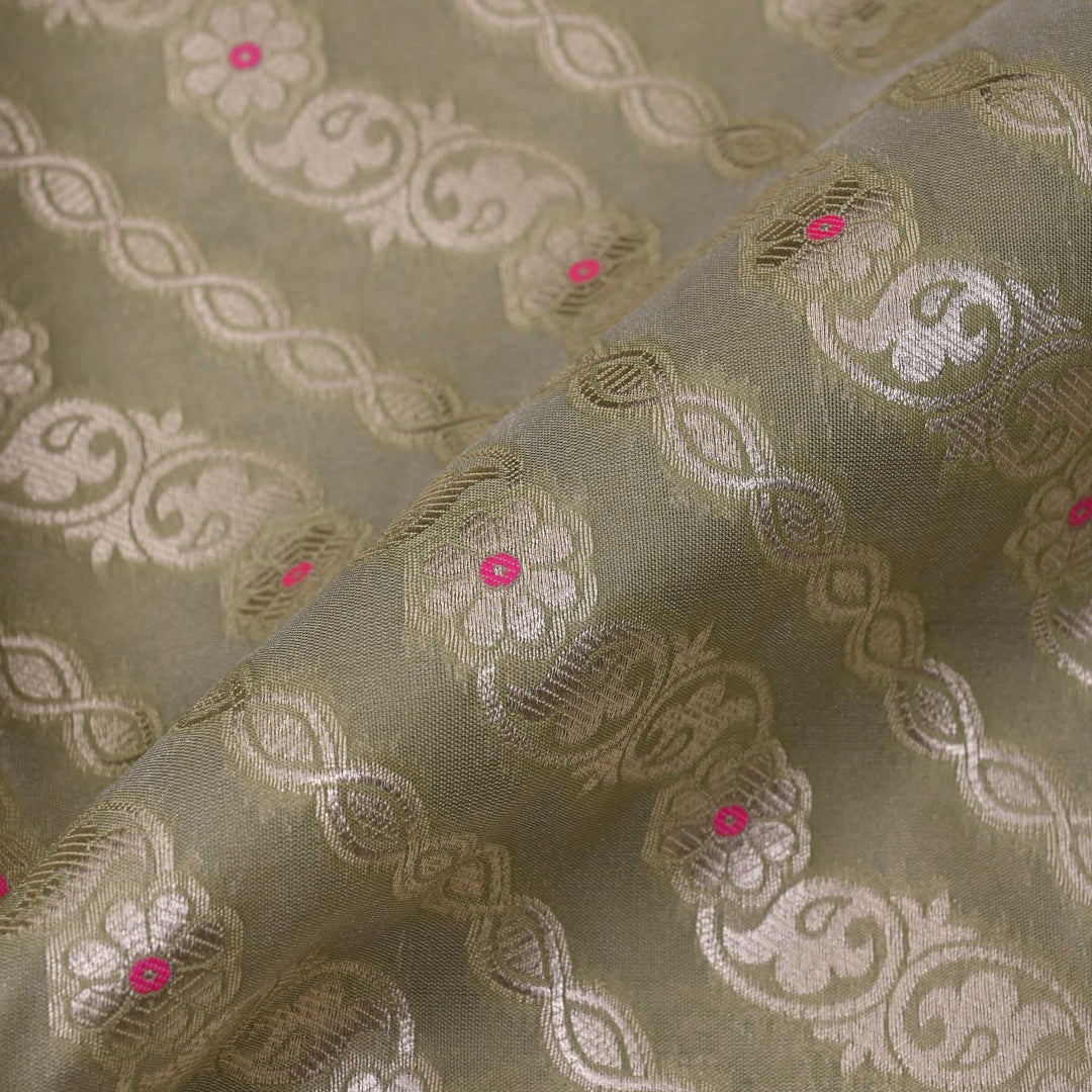 Olive Grey Floral Meenakari Banarasi Fabric