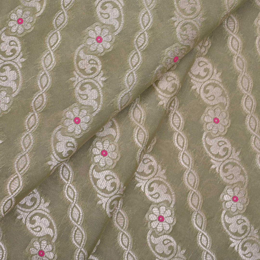 Olive Grey Floral Meenakari Banarasi Fabric