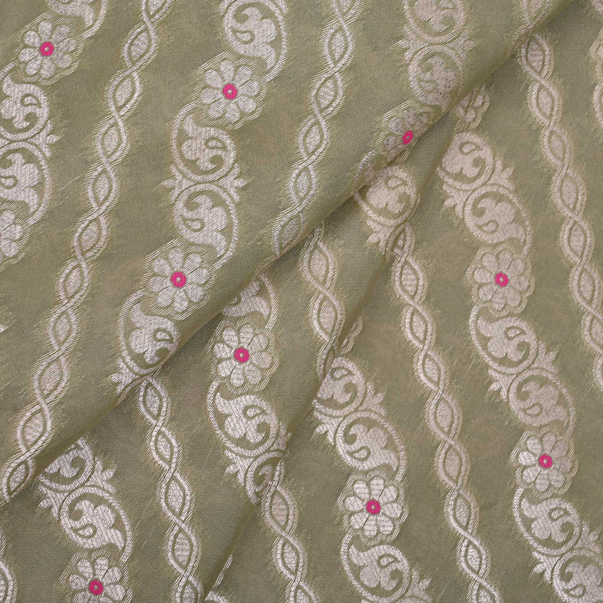 Olive Grey Floral Meenakari Banarasi Fabric