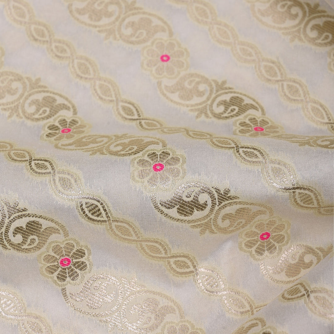 Ivory White Floral Meenakari Banarasi Fabric