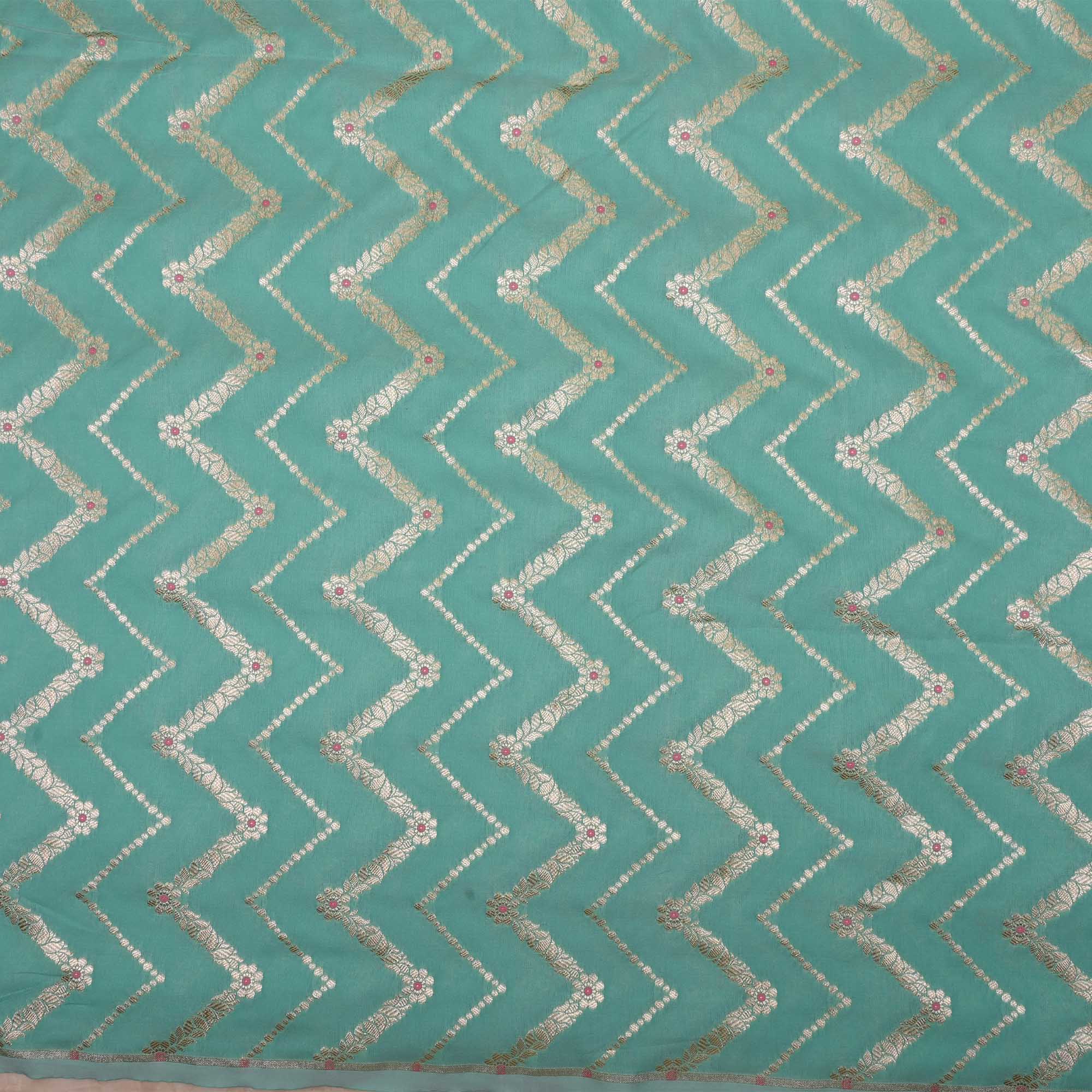 Light Turquoise Meenakari Banarasi Fabric With Chevron Pattern