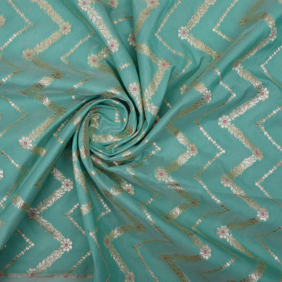 Light Turquoise Meenakari Banarasi Fabric With Chevron Pattern