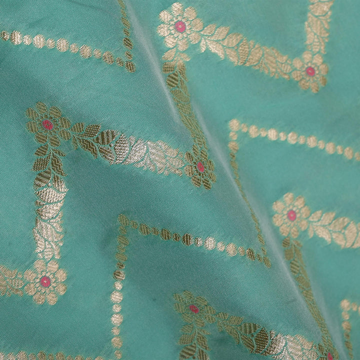 Light Turquoise Meenakari Banarasi Fabric With Chevron Pattern