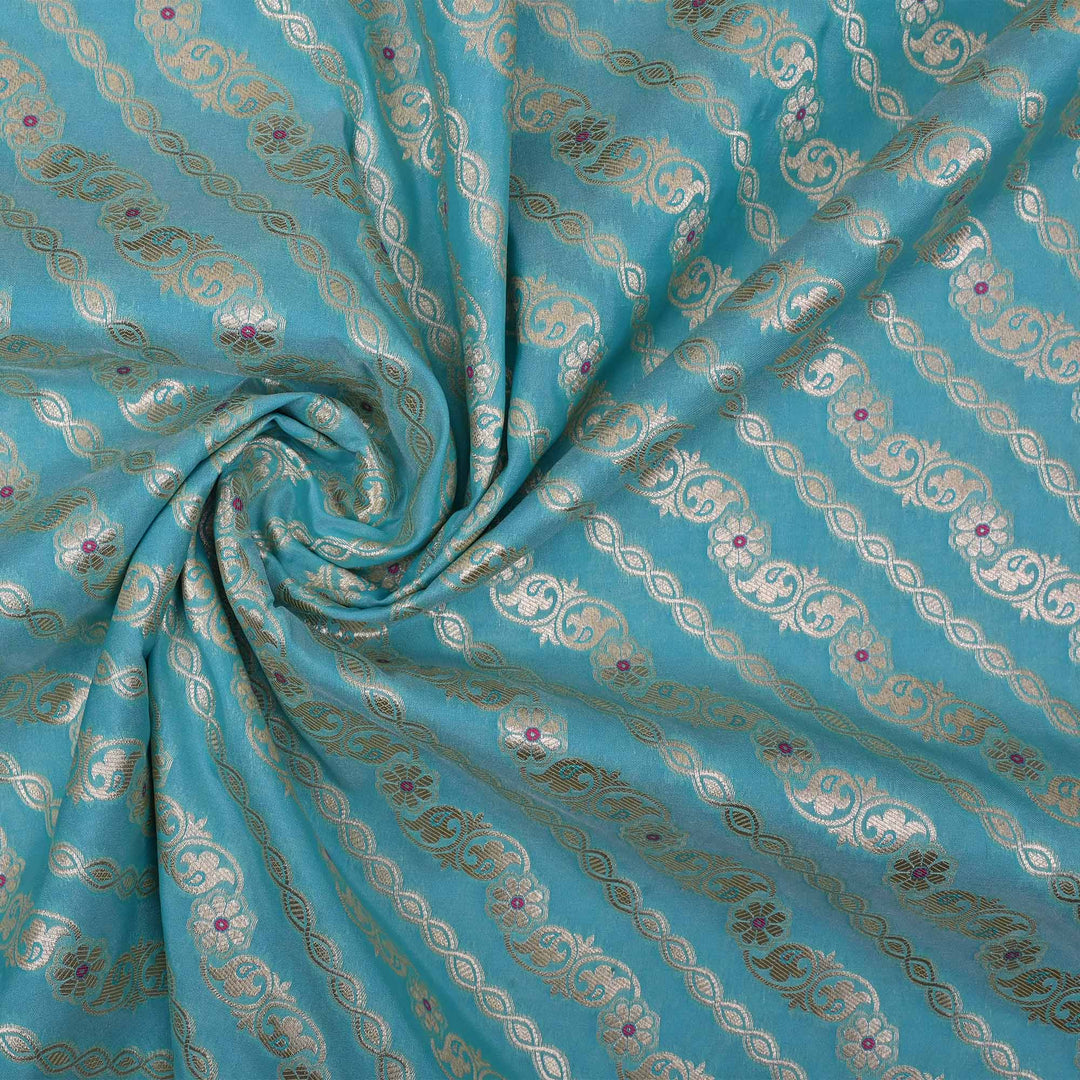 Aquamarine Blue Floral Meenakari Banarasi Fabric