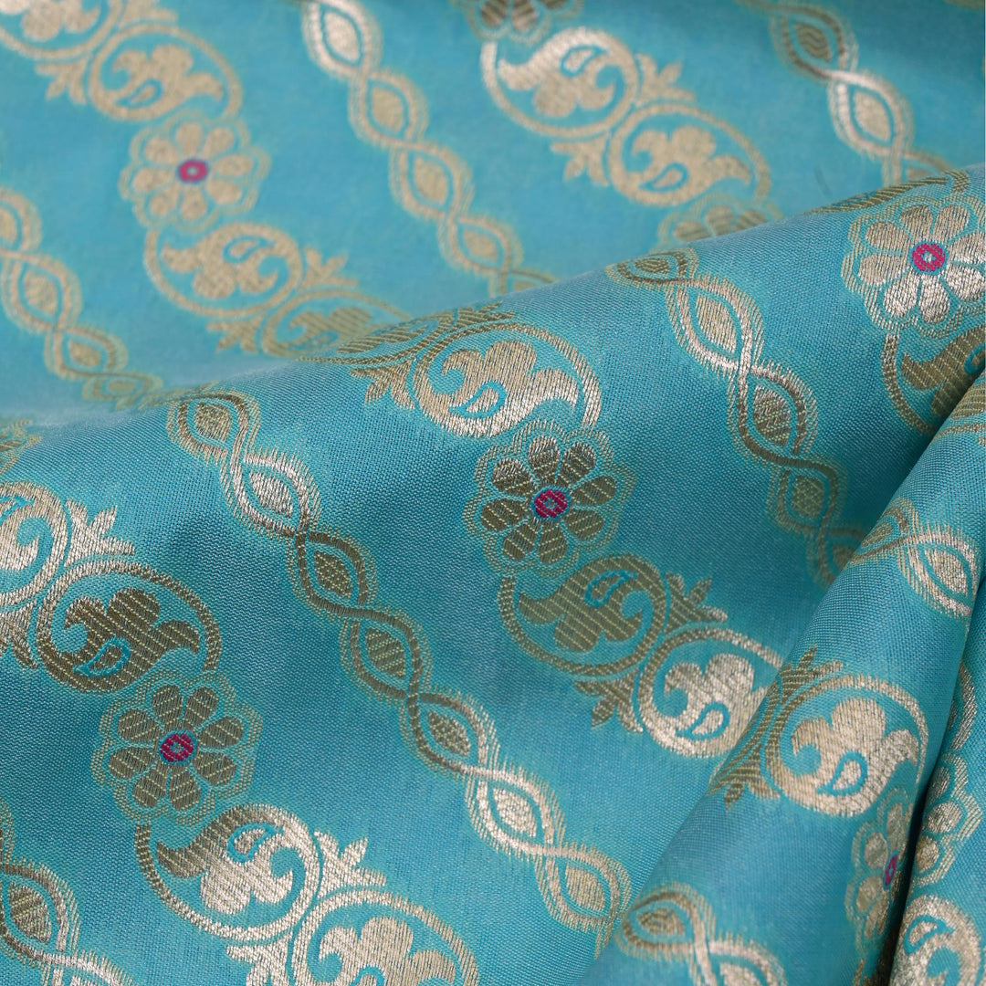 Aquamarine Blue Floral Meenakari Banarasi Fabric