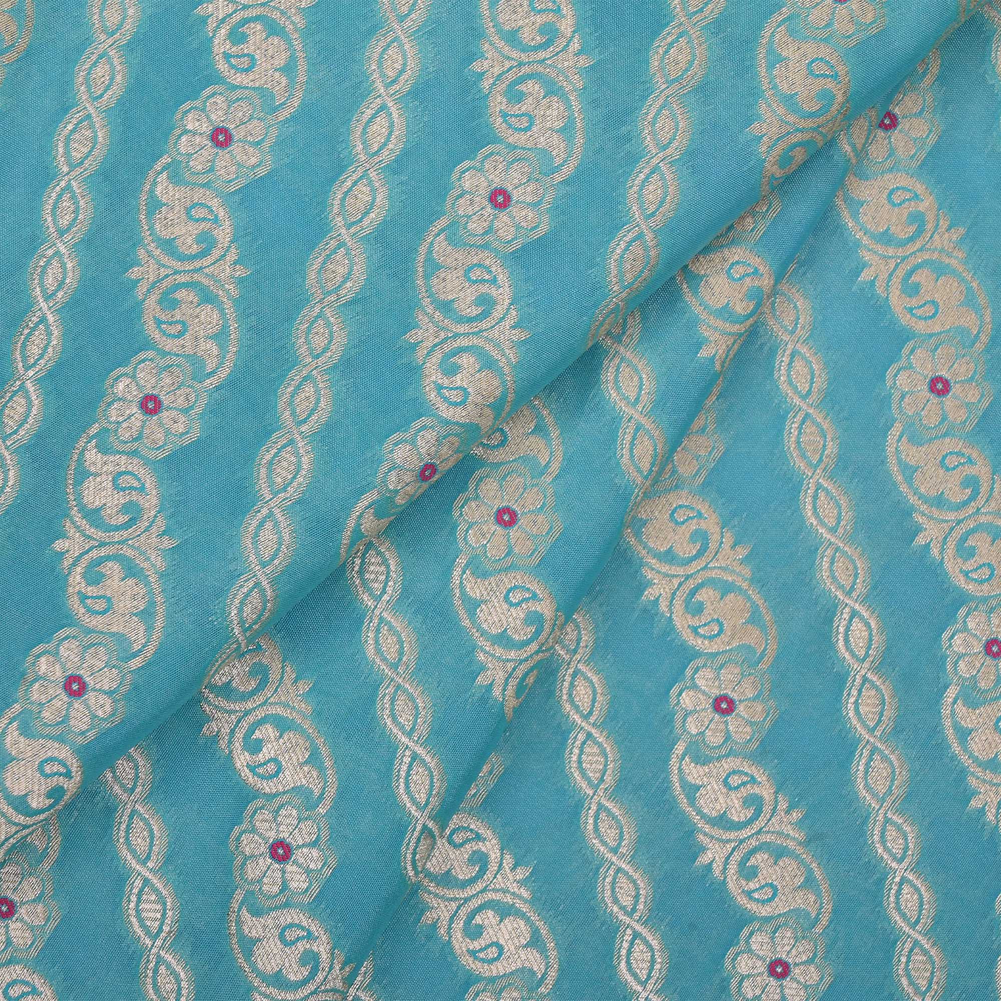 Aquamarine Blue Floral Meenakari Banarasi Fabric