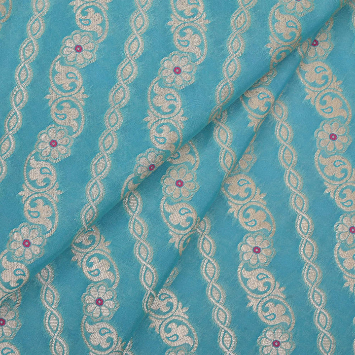 Aquamarine Blue Floral Meenakari Banarasi Fabric