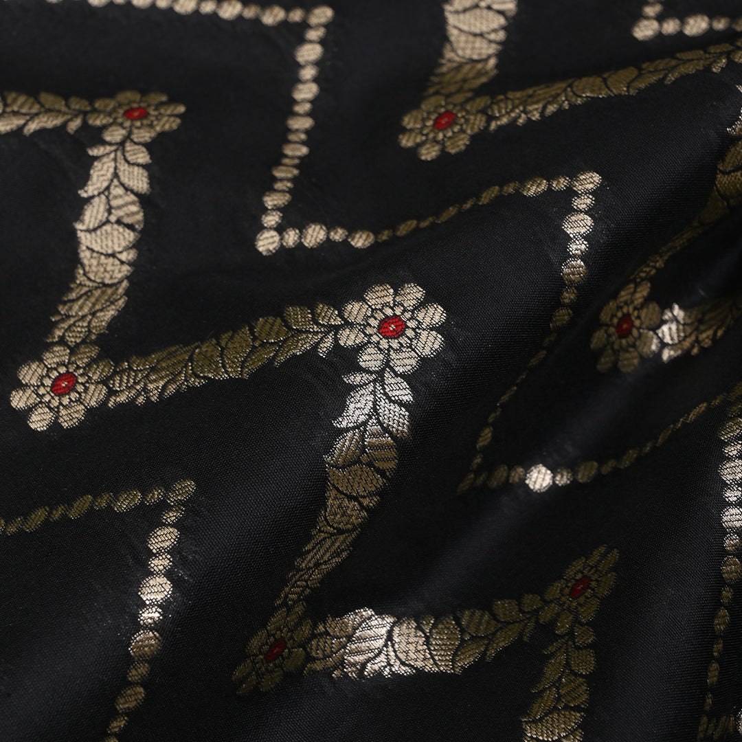 Rich Black Meenakari Banarasi Fabric With Chevron Pattern