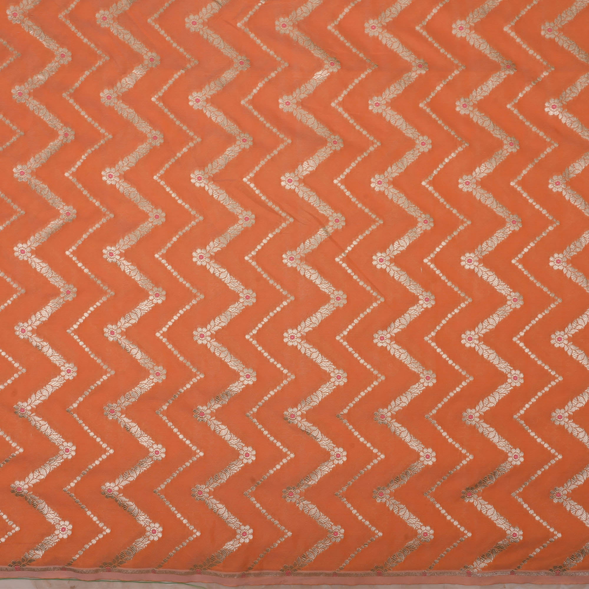 Royal Orange Meenakari Banarasi Fabric With Chevron Pattern