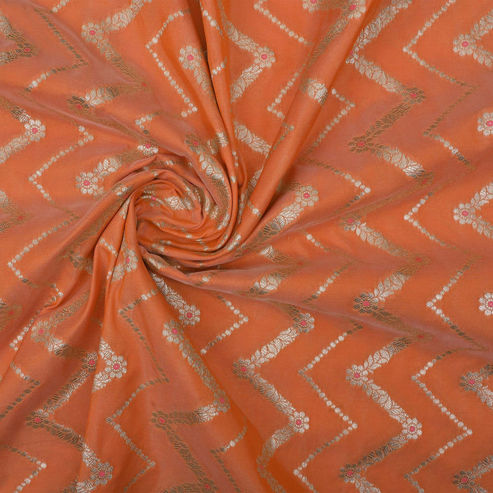 Royal Orange Meenakari Banarasi Fabric With Chevron Pattern