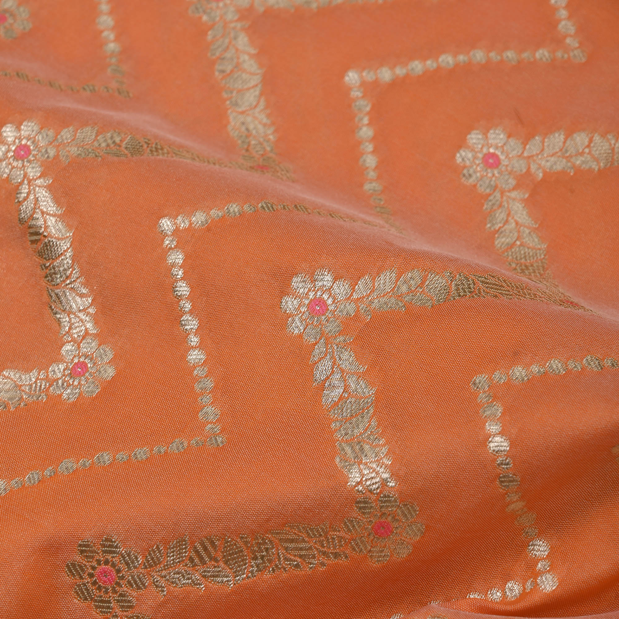Royal Orange Meenakari Banarasi Fabric With Chevron Pattern