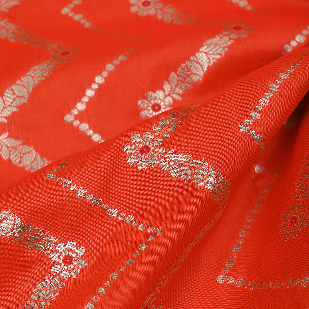 Orange Red Meenakari Banarasi Fabric With Chevron Pattern