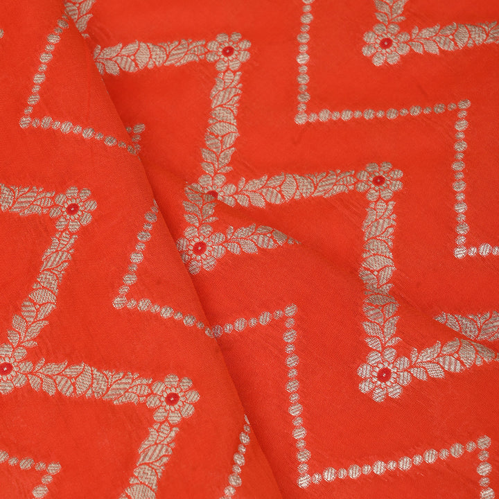 Orange Red Meenakari Banarasi Fabric With Chevron Pattern