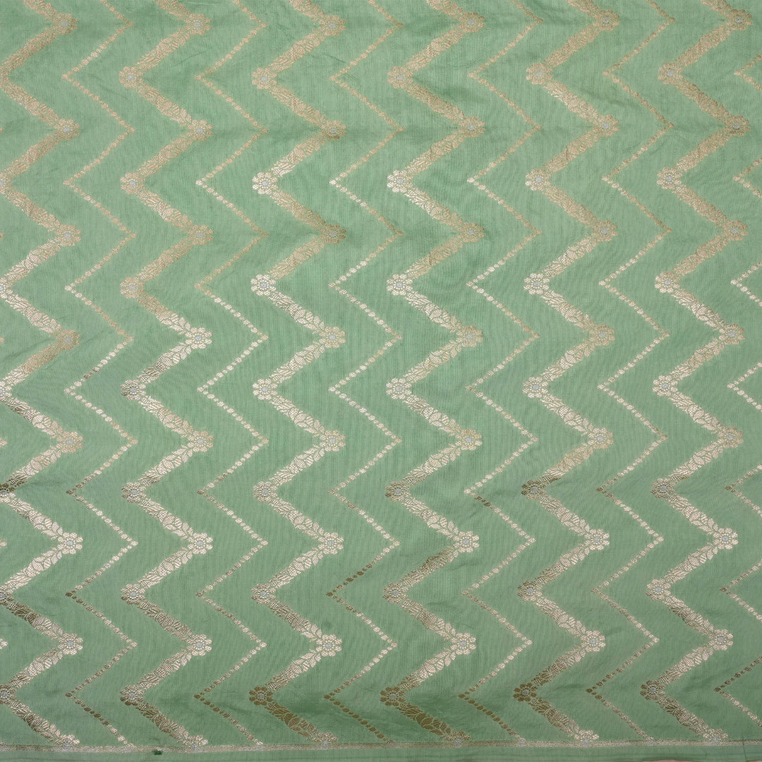 Turquoise Green Banarasi Fabric With Chevron Pattern