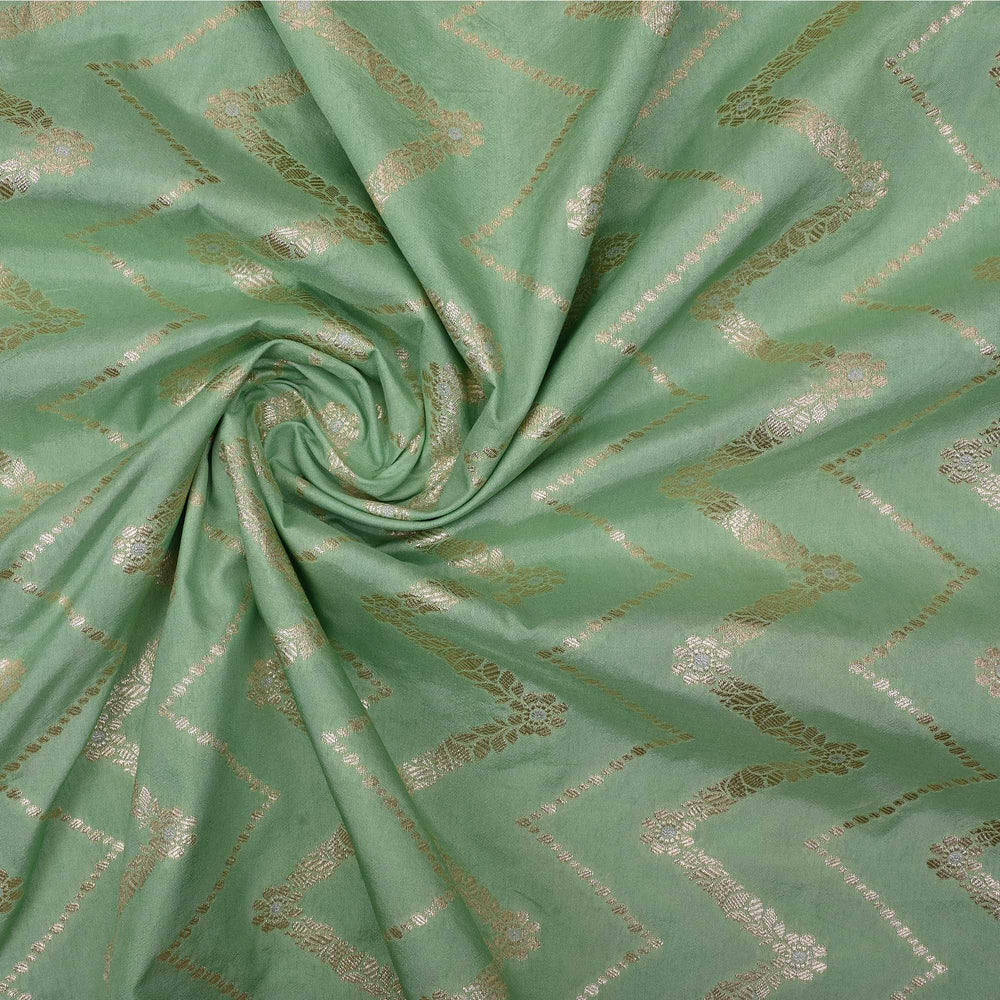 Turquoise Green Banarasi Fabric With Chevron Pattern