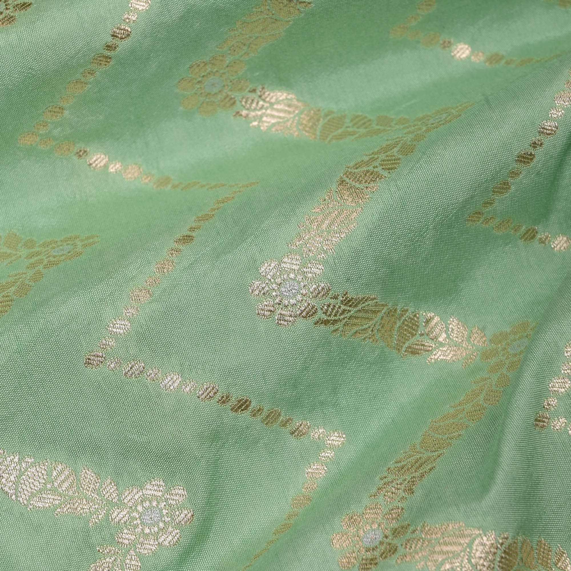 Turquoise Green Banarasi Fabric With Chevron Pattern