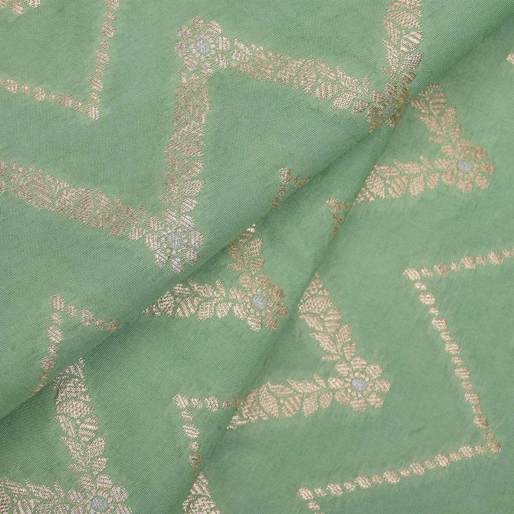 Turquoise Green Banarasi Fabric With Chevron Pattern