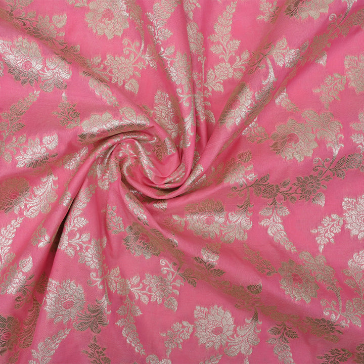 Flamingo Pink Floral Jaal Banarasi Fabric