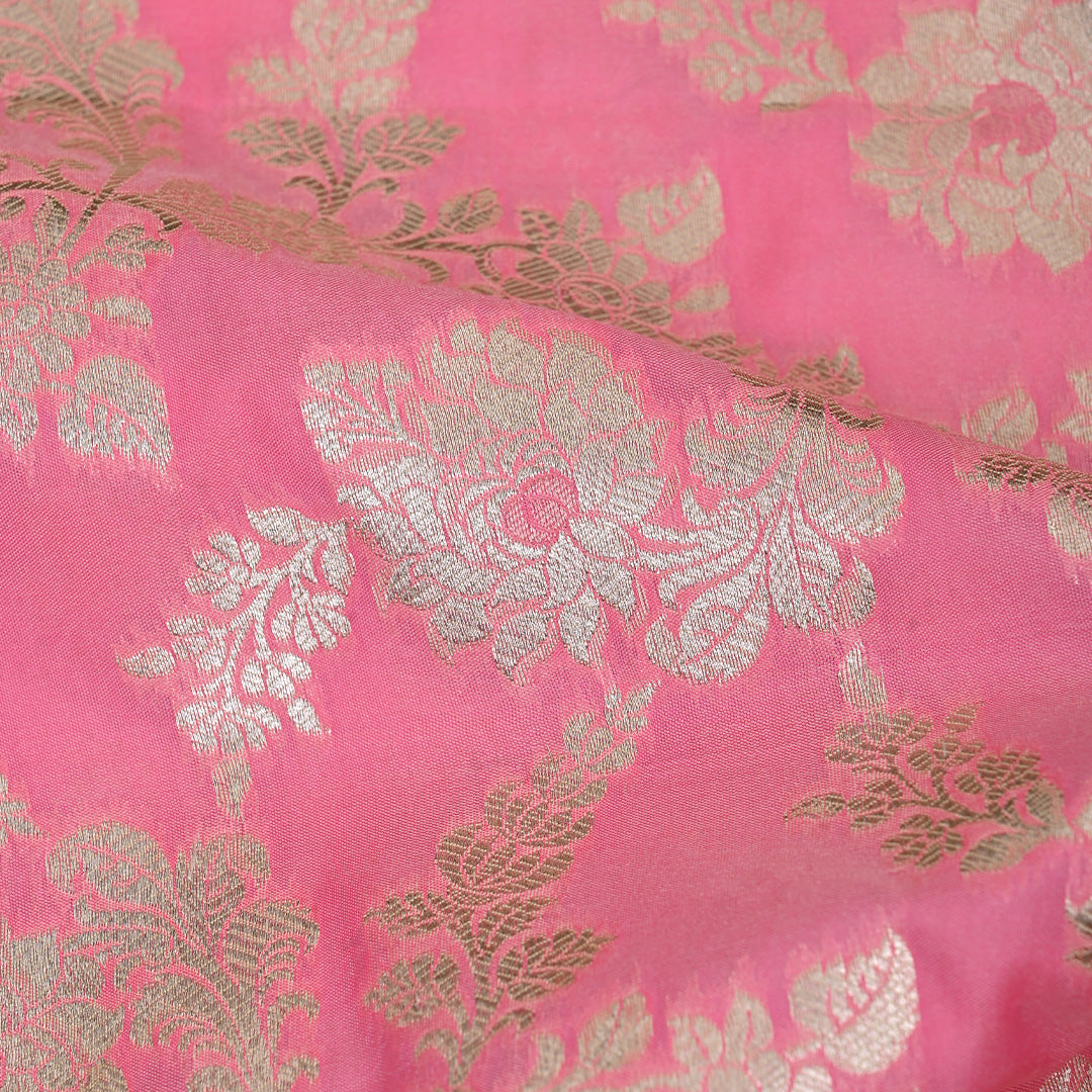 Flamingo Pink Floral Jaal Banarasi Fabric