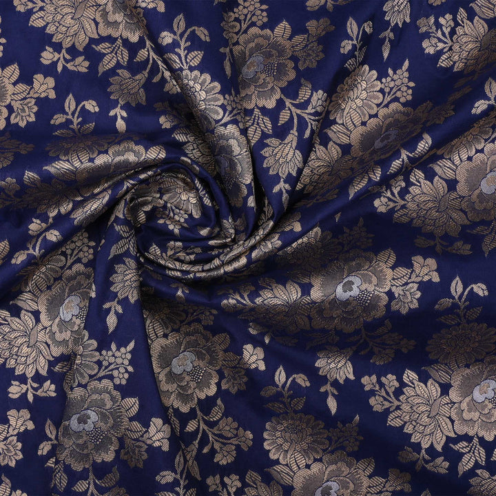 Dark Sapphire Banarasi Fabric With Floral Jaal