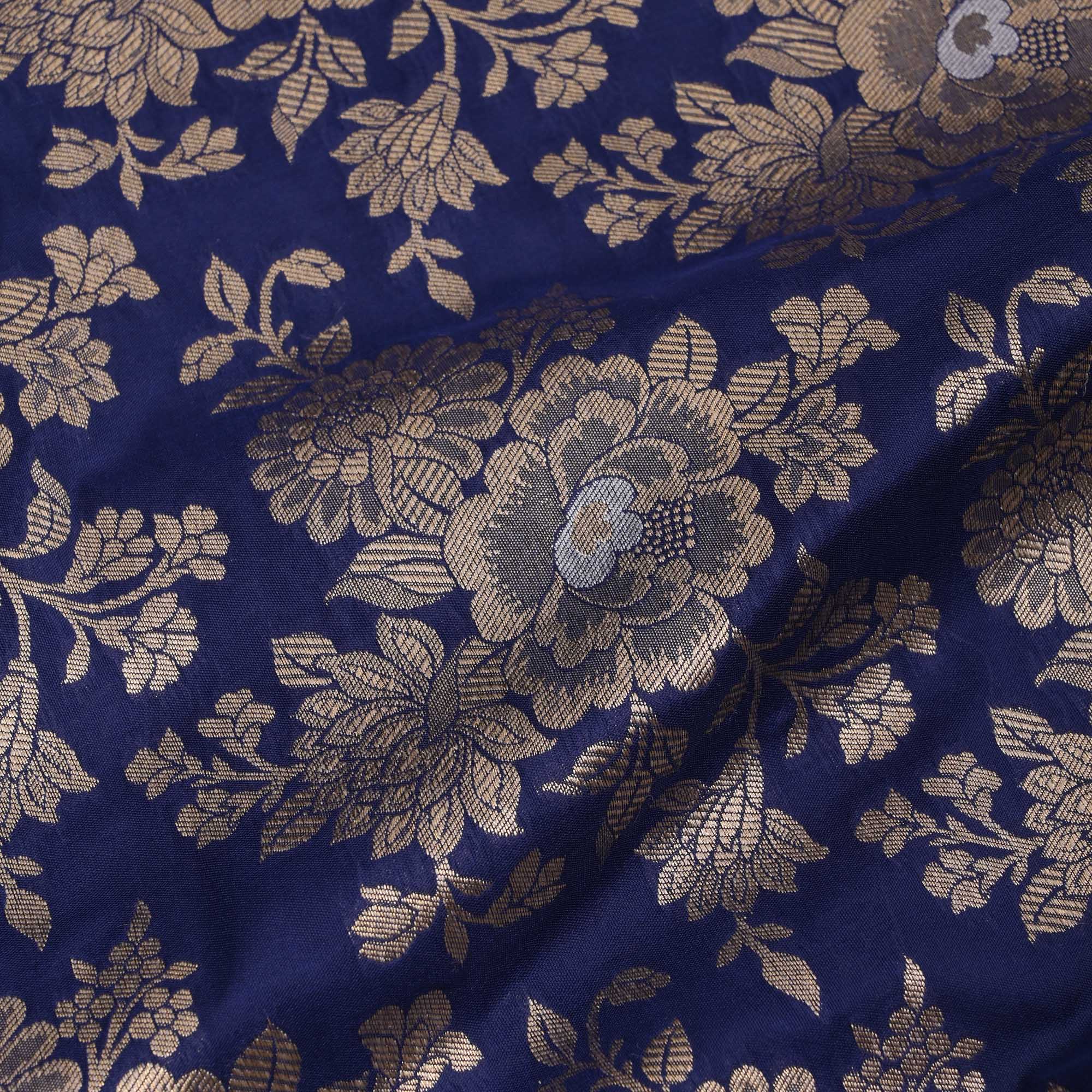 Dark Sapphire Blue Banarasi Fabric With Floral Jaal