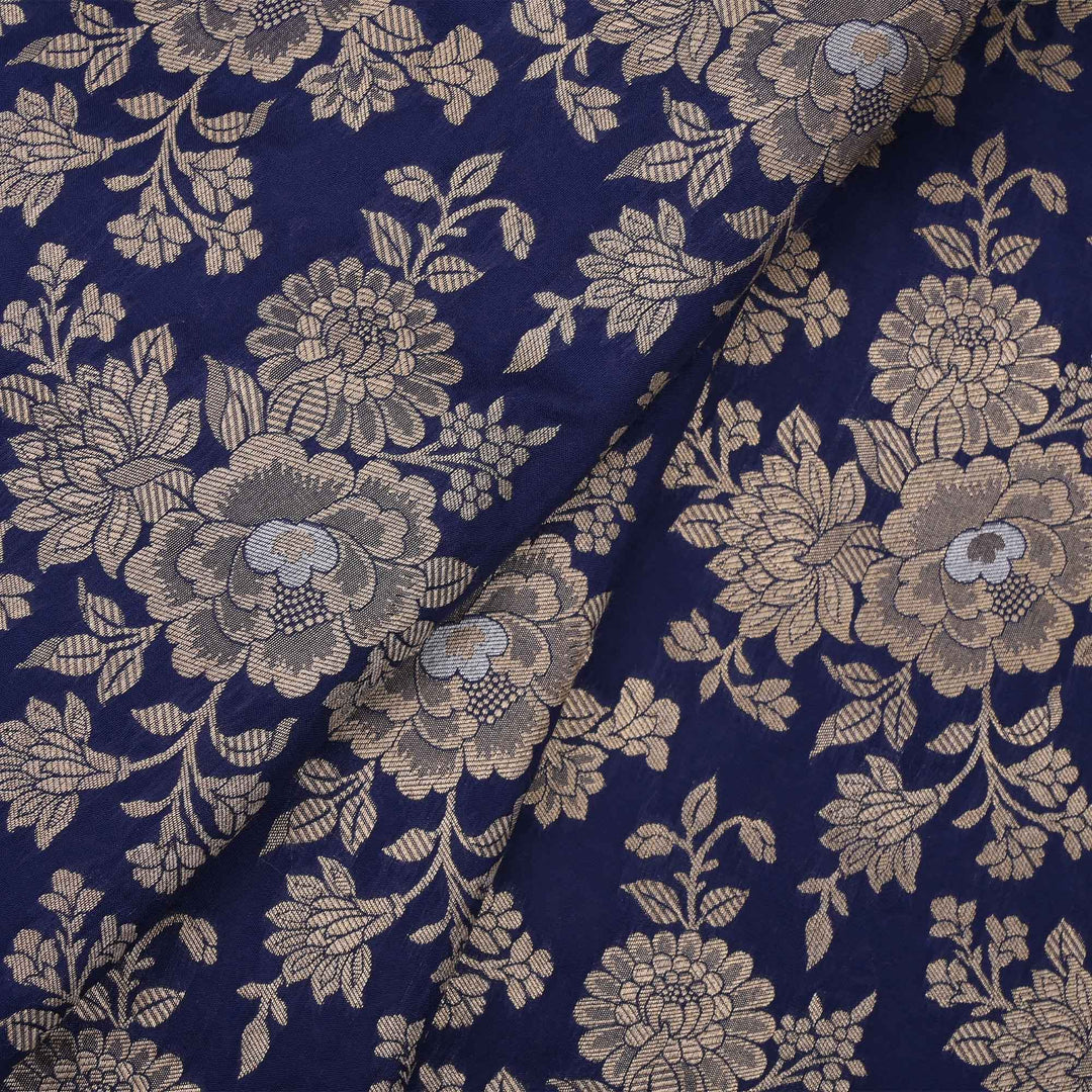 Dark Sapphire Banarasi Fabric With Floral Jaal