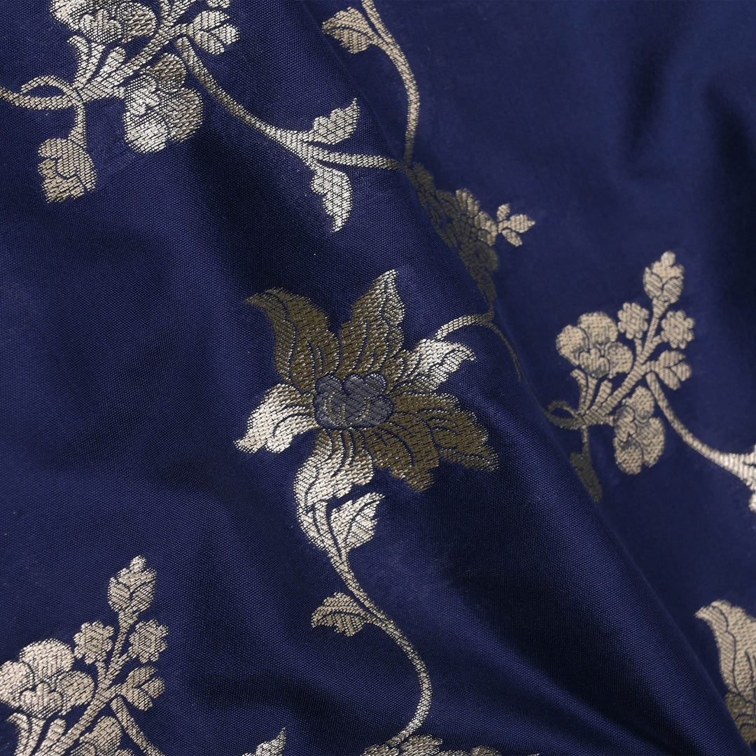 Admiral Blue Banarasi Fabric With Floral Jaal