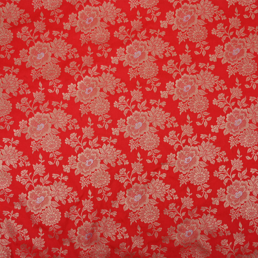 Bright Red Banarasi Fabric With Floral Jaal